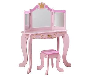 KidKraft Princess Wooden Vanity Table and Stool for Kids, Dressing Table with Mirror and Stool, Kids' Desk with Drawer, Children's Playroom/Bedroom Furniture, 76123