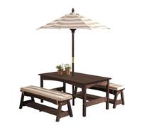 KidKraft Wooden Garden Table and Bench set for Kids with Cushions and Parasol, Outdoor Garden Furniture For Children - Beige and White Stripes, 00500