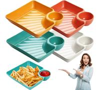 Kidlupe 4 Pcs Chips and Salsa Serving Dish Plates, Plastic Dumpling Plates with Sauce Compartment, Chip and Dip Platter Set for Sushi, Soup, Sandwich, Divided Plate for Adults with Dipping Cups (Mix)