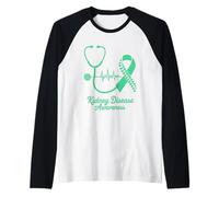 Kidney Disease Awareness Green March Ribbon Heart Raglan Baseball Tee