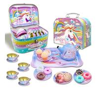 Kidoloop Kids 26 PCs Tin Tea Set Kitchen Set Pretend Play Cookies Dessert Snacks & Teapot for Children Party Role Play Unicorn Toys Indoor Game Boys & Girls Cups Saucer Tray with Box Gift