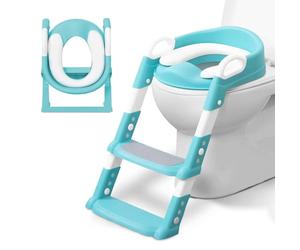 KIDOOLA Adjustable Potty Ladder Seat for Toilet Training with Steps, Handle & Soft Cushion Design, Non-Slip | Space Efficient | Foldable & Easy Assembly Splash Guard Included - Teal