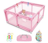 Kidoola Baby Playpen with Padded Frame & Mesh Walls, Balls & Pull Rings Included, for Indoor & Outdoor Use, Toddler Fence - Breathable Mesh, Extra Large Play Yard for Babies (127x127x65cm) (Pink)