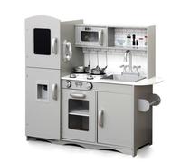 KIDOZ Signature Wooden Play Kitchen for Kids, Large Toy Kitchen, Grey | Wooden Kitchen Playset with 5 Utensils, Lights and Sounds, Oven, Microwave, Sink with Taps and Pretend Role Play Toy
