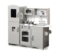 Kidoz Signature Wooden Toy Kitchen, Large Pretend Play Kitchen With Realistic Oven, Microwave and Sink With Taps, Grey Kitchen Playset With Sounds And Lights For Kids