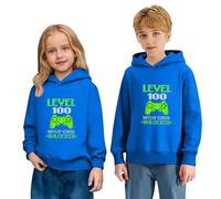 Kids 100 Days Celebration Print Hooded Sweatshirt Long Sleeve Casual Pullover Soft Fleece Jumper Top for School Milestone Play Cosy Everyday Style (Blue, 9-10 Years)