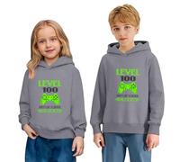 Kids 100 Days Celebration Print Hooded Sweatshirt Long Sleeve Casual Pullover Soft Fleece Jumper Top for School Milestone Play Cosy Everyday Style (Grey, 3-4 Years)