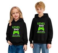 Kids 100 Days Celebration Print Hooded Sweatshirt Long Sleeve Casual Pullover Soft Fleece Jumper Top for School Milestone Play Cosy Everyday Style (Black, 5-6 Years)