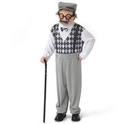 Kids 100 Days of School Costume for Boys Girls Granny Grandpa Costume Kids Old Lady Fancy Dress Outfit for Party School Book Day Grandpa Jumpsuit Hat Glasses Beard Cane Pipe Outfit