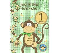Kids 1st Birthday Cheeky Monkey Cartoon Card for Great Nephew - From Auntie Uncle Gift Idea Greeting Blank Inside Envelope Included UK