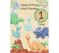 Kids 1st Birthday Dinosaur Cartoon Card for Great Grandson - From Nanna Grandad Greeting Blank Inside Envelope Included Gift Idea UK