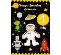 Kids 1st Birthday Space Astronaut Cartoon Card for Grandson - From Nanna Grandad Greeting Blank Inside Envelope Included Gift Idea UK