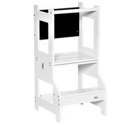 HOMCOM 2-in-1 Kids Kitchen Step Stool Table Chai Set W/Safety Rail Chalkboad, Wh