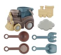 Kids 2-in-1 Toy Train Beach Bucket Set with Sand Pit Tools, Engineering Vehicle Moulds, Spade, Rake & Cloud Sandcastle Kit, Portable Outdoor Summer Beach Sand Toys for Boys & Girls Ages 3+