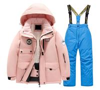 Kids 2 Pcs Ski Suit Set UK, Ski Suit Boys Snowsuit Kids Puffer Down Jacket with Hood + Snow Tousers Pants Winter 2-Piece Outfit Set Thermal Overall Snow Suits Winter Puffer Jacket and Pants