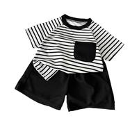 Kids 2-Piece Summer Set Striped Outfit Waffle-Knit Crew Neck Short Sleeve Top with Pocket + Solid Shorts Breathable Loungewear for Boys & Girls Casual Children’s Clothing Black