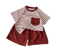 Kids 2-Piece Summer Set Striped Outfit Waffle-Knit Crew Neck Short Sleeve Top with Pocket + Solid Shorts Breathable Loungewear for Boys & Girls Casual Children’s Clothing Wine