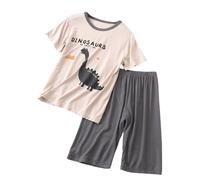 Kids 2pc Tops Trousers Pyjamas Sets Boys Girls Dinosaur Graphic Short Sleeve Tshirts Shorts Soft Pj Outfits Thin Lightweight Summer Casual Nightwear Family Loungewear Pajamas (Brown, 13-14 Years)