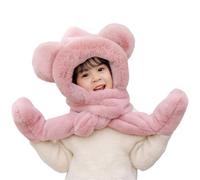 Kids 3 in 1 Winter Hat Scarf Gloves Set Faux Fur Hooded Scarf Mittens Cute Bear Earflap Hat Long Scarves Pocket Gloves Cartoon Full Hood Cap Neck Warmer Plush Beanie Hat for Boys Girls 3-12 Years Old