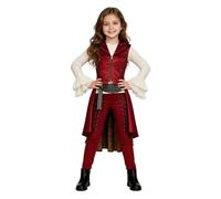 Kids 3 Pieces Set Pirate Style Outfits Red Princess Clothing Set | 3 Pieces Set Skeleton Prints Vest Jacket, Bell Sleeves Lace Top and Trousers, Girls Halloween Princess Outfits