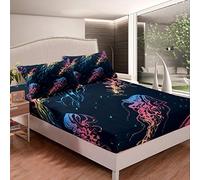 Kids 3D Jellyfish Fitted Sheet Ocean Creature Themed Bedding Set Bubbles Sea Underwater World Bed Sheet Set for Children Boys Girls Sealife Microfiber Bed Cover Room Decor Double Size