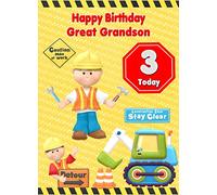 Kids 3rd Birthday Builder Cartoon Card for Great Grandson - From Nanna Grandad Greeting Blank Inside Envelope Included Gift Idea UK