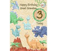 Kids 3rd Birthday Dinosaur Cartoon Card for Great Grandson - From Nanna Grandad Greeting Blank Inside Envelope Included Gift Idea UK