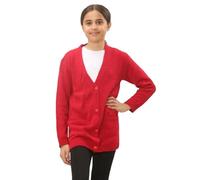 Kids 4 Button Knitted Cardigan, Girls Boys Soft Warm School Uniform Pull Over Long Sleeve V Neck Plain Sweater Jumper with 2 Front Pockets UK Age Size 7 to 13 Years, (Red - 9-10 Years)