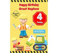 Kids 4th Birthday Builder Cartoon Card for Great Nephew - From Auntie Uncle Gift Idea Greeting Blank Inside Envelope Included UK