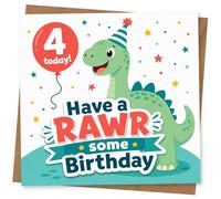 Kids 4th Birthday Card for Boy or Girl - Cute Dinosaur Design with 'Have a Rawrsome Birthday' Message