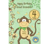 Kids 4th Birthday Cheeky Monkey Cartoon Card for Great Grandson - From Nanna Grandad Greeting Blank Inside Envelope Included Gift Idea UK