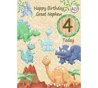 Kids 4th Birthday Dinosaur Cartoon Card for Great Nephew - From Auntie Uncle Gift Idea Greeting Blank Inside Envelope Included UK