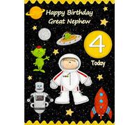 Kids 4th Birthday Space Astronaut Cartoon Card for Great Nephew - From Auntie Uncle Gift Idea Greeting Blank Inside Envelope Included UK