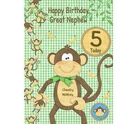 Kids 5th Birthday Cheeky Monkey Cartoon Card for Great Nephew - From Auntie Uncle Gift Idea Greeting Blank Inside Envelope Included UK