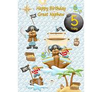 Kids 5th Birthday Pirate Cartoon Card for Great Nephew - From Auntie Uncle Gift Idea Greeting Blank Inside Envelope Included UK