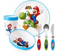 Kids 6 Piece Reusable Dinner Set - Plate/Bowl/Cup/Knife/Fork/Spoon - Childrens Dinnerware Tableware Cutlery Set (Super Mario)