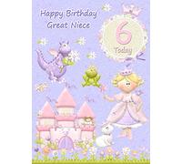 Kids 6th Birthday Princess Cartoon Card for Great Niece - From Auntie Uncle Gift Idea Greeting Blank Inside Envelope Included UK