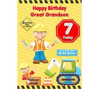 Kids 7th Birthday Builder Cartoon Card for Great Grandson