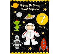 Kids 7th Birthday Space Astronaut Cartoon Card for Great Nephew - From Auntie Uncle Gift Idea Greeting Blank Inside Envelope Included UK