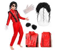 Kids 80s Pop Star Red Thriller Style Costume Set - Iconic Red Jacket and Trousers with Curly Black Wig Aviator Glasses and Single Silver Sequin Glove - Childrens 1980s Music Video Fancy Dress Outfit