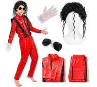 Kids 80s Pop Star Red Thriller Style Costume Set - Iconic Red Jacket and Trousers with Curly Black Wig Aviator Glasses and Single Silver Sequin Glove - Childrens 1980s Music Video Fancy Dress Outfit