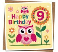 Kids 9th Birthday Card - Cute Owl Design - Happy Birthday Age 9 - 145mm x 145mm - Includes Kraft Envelope - Fun Colorful Greeting Card for Boys or Girls