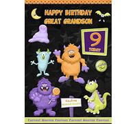 Kids 9th Birthday Funny Monster Cartoon Card for Great Grandson