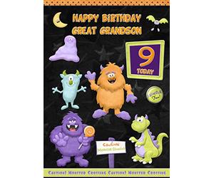 Kids 9th Birthday Funny Monster Cartoon Card for Great Grandson - From Nanna Grandad Greeting Blank Inside Envelope Included Gift Idea UK