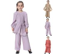 Kids Abaya 2-Piece Lace Up Prayer Clothes Long Sleeve Top with Loose Flowy Pants Solid Color Islamic Kids Prayer Outfits Summer Kaftan Set for Ramadan Nights and Eid Morning Prayers Purple