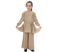 Kids Abaya 2-Piece Lace Up Prayer Clothes Long Sleeve Top with Loose Flowy Pants Solid Color Islamic Kids Prayer Outfits Summer Kaftan Set for Ramadan Nights and Eid Morning Prayers Khaki