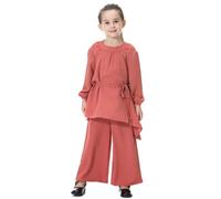 Kids Abaya 2-Piece Lace Up Prayer Clothes Long Sleeve Top with Loose Flowy Pants Solid Color Islamic Kids Prayer Outfits Summer Kaftan Set for Ramadan Nights and Eid Morning Prayers Red