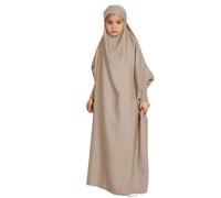 Kids Abaya for Girls Prayer Robes Muslim One-Piece Prayer Hijab Dress Women Hooded Abaya Full Cover Islam Dubai Modest Robe Kids Prayer Dress Muslim Clothes for Girls Khaki