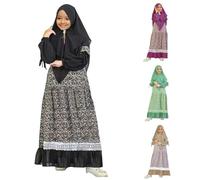 Kids Abaya with Hijab Attached Eid Dresses for Girls Long Sleeve Flowy Muslim Prayer Dress with Bow Design Floral Printed Arabic Traditional Clothes for Ramadan Family Gatherings Black