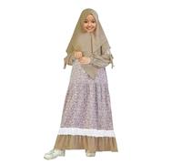 Kids Abaya with Hijab Attached Eid Dresses for Girls Long Sleeve Flowy Muslim Prayer Dress with Bow Design Floral Printed Arabic Traditional Clothes for Ramadan Family Gatherings Khaki